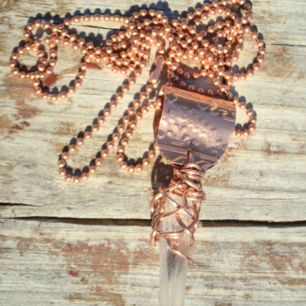 Lemurian Quartz Crystal Copper Choker Pendant Handmade Rustic Wire Wrapped - Picture 4 of 16
